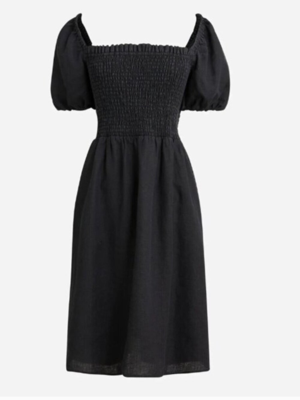 J. Crew Black Puff-sleeve smocked linen mini dress size M